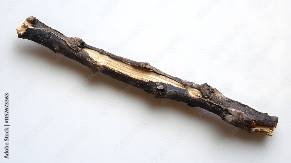 Fototapeta premium A partially split, dark brown branch with light wood showing inside, lies diagonally on a white background. The branch shows signs of age and weathering.