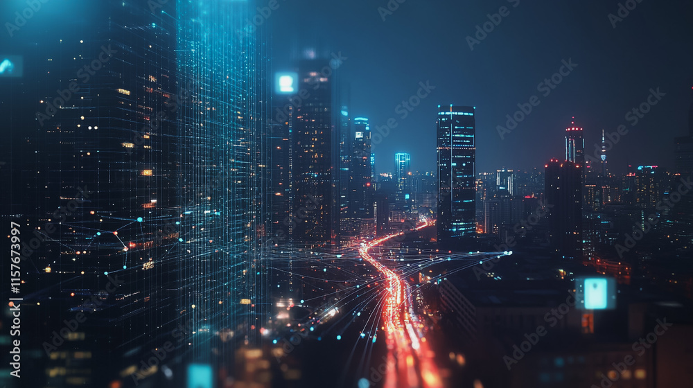 Fototapeta premium Smart digital Innovation city with connection network reciprocity over the cityscape. of future smart wireless digital city and social media networking systems that connects people with in city