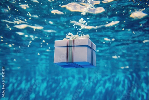 A present floating in the water with bubbles rising from it, perfect for holiday or celebration scenes