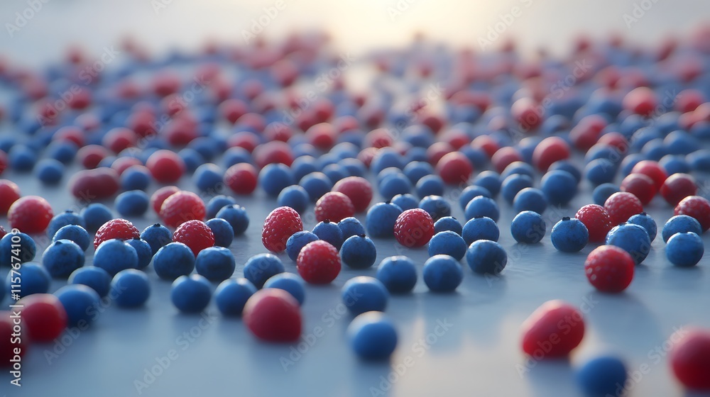 Fototapeta premium Close-up of scattered blueberries and raspberries on a light blue surface. Soft sunlight illuminates the juicy berries, creating a vibrant and appetizing scene.