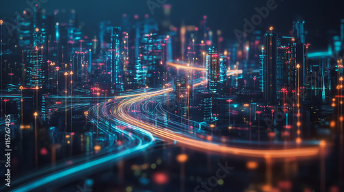 Smart digital Innovation city with connection network reciprocity over the cityscape. of future smart wireless digital city and social media networking systems that connects people with in city
