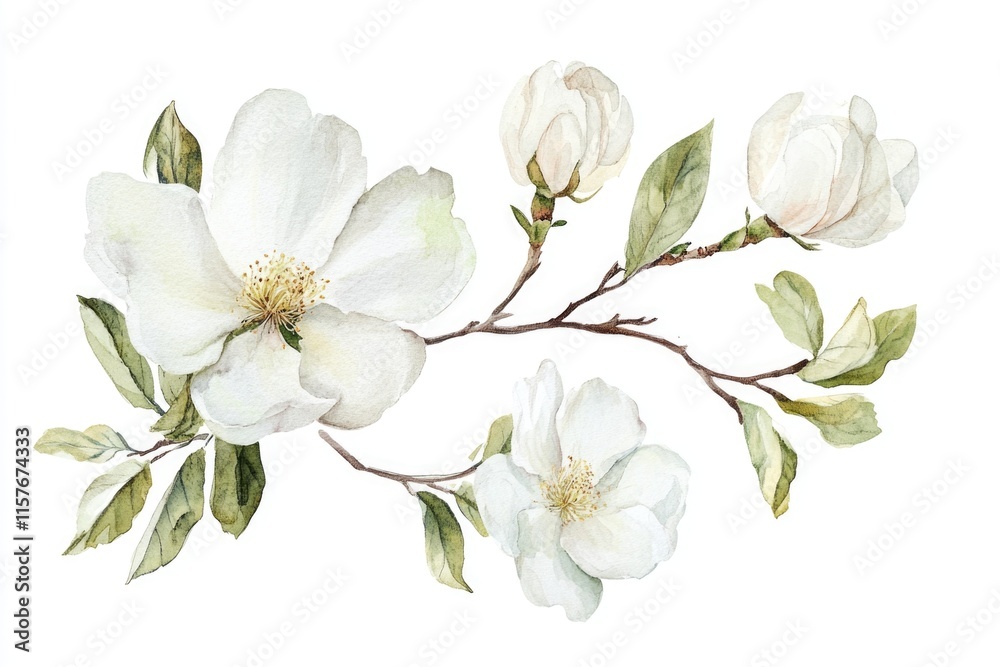 Obraz premium Delicate watercolor illustration of white flowers blooming on a slender branch, ideal for use in wedding invitations, greeting cards, and other floral designs