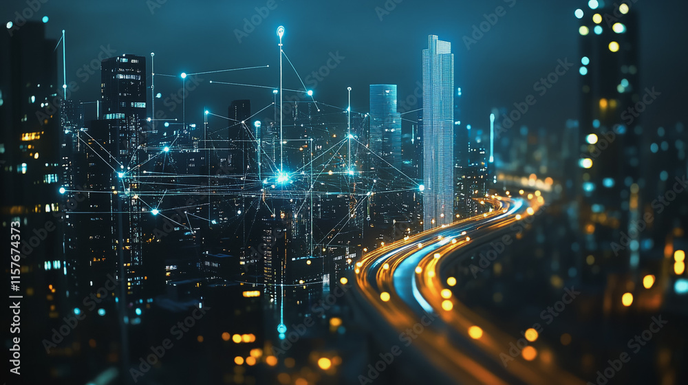 Smart digital Innovation city with connection network reciprocity over the cityscape. of future smart wireless digital city and social media networking systems that connects people with in city Smart digital Innovation city with connection network reciprocity over the cityscape. of future smart wireless digital city and social media networking systems that connects people with in city