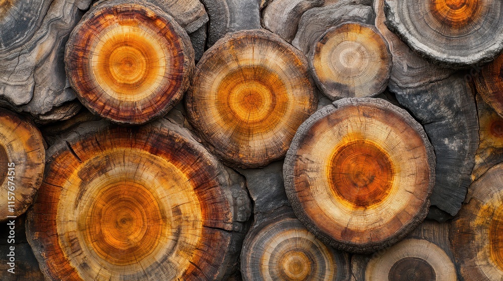 Close-up view of tree trunk cross-sections displaying concentric growth rings, rich brown tones, and visible cracks, highlighting natural patterns and textures Close-up view of tree trunk cross-sections displaying concentric growth rings, rich brown tones, and visible cracks, highlighting natural patterns and textures