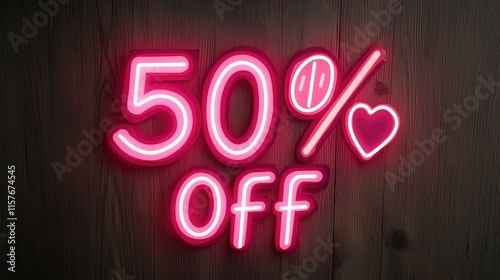 Exciting 50% off sale sign local store neon display urban environment eye-catching viewpoint promotional concept