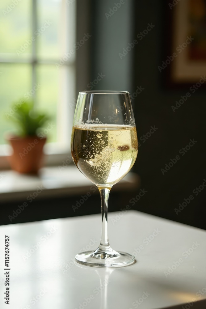 A single glass of chilled white wine on a simple table, shadow, drinkware, summer A single glass of chilled white wine on a simple table, shadow, drinkware, summer