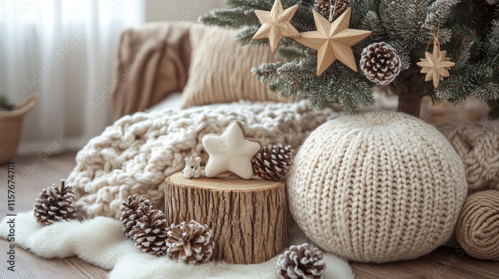 A cozy winter scene with a decorated tree, natural elements, and soft textiles. A cozy winter scene with a decorated tree, natural elements, and soft textiles.