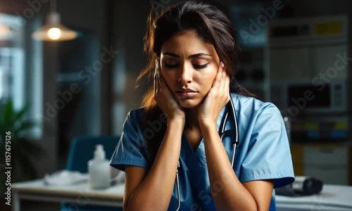 Nurse in scrubs expresses deep exhaustion in a quiet hospital room at night