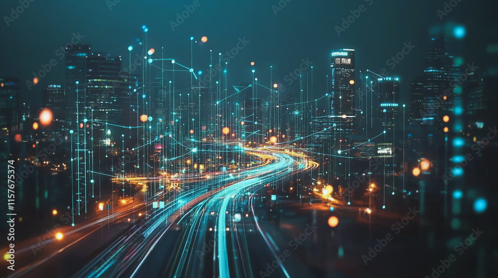 Smart digital Innovation city with connection network reciprocity over the cityscape. of future smart wireless digital city and social media networking systems that connects people with in city Smart digital Innovation city with connection network reciprocity over the cityscape. of future smart wireless digital city and social media networking systems that connects people with in city