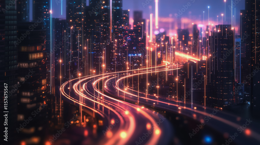 Fototapeta premium Smart digital Innovation city with connection network reciprocity over the cityscape. of future smart wireless digital city and social media networking systems that connects people with in city