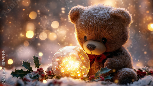 Teddy bear with snow globe in winter wonderland setting