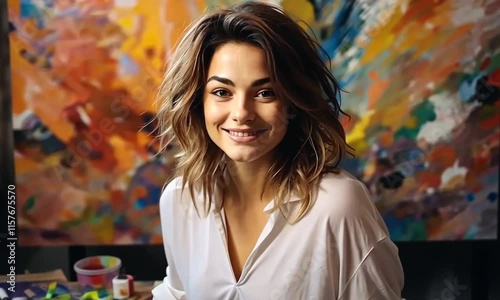 Young artist smiles while creating colorful abstract painting in vibrant studio setting