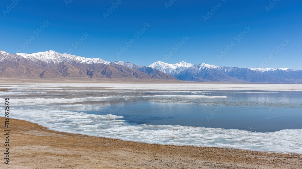 Vast Landscape with Snow-Capped Mountains and Icy Water under Blue Sky Vast Landscape with Snow-Capped Mountains and Icy Water under Blue Sky