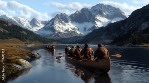 Prehistoric hunter-gatherers paddling in canoe through ice age river. photo