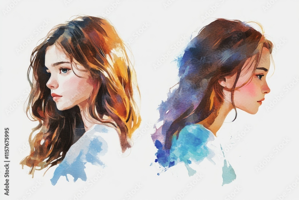 Fototapeta premium Portrait of two women with long hairstyles, sitting or standing together