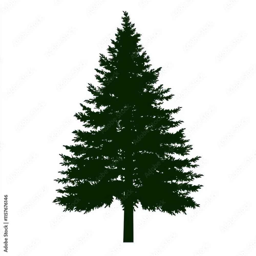 Fototapeta premium Silhouette of a tall evergreen tree against a white background.
