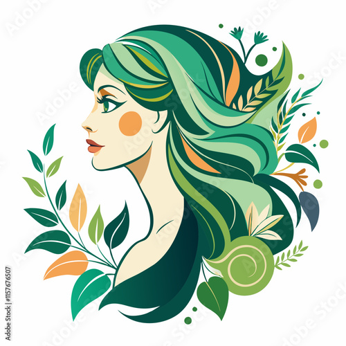 Elegant Woman Profile with Floral Hair – vector art illustration