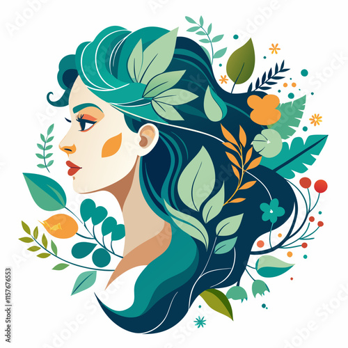 Elegant Woman Profile with Floral Hair – vector art illustration