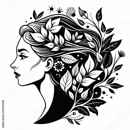 Elegant Woman Profile with Floral Hair – vector art illustration