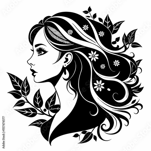 Elegant Woman Profile with Floral Hair – vector art illustration