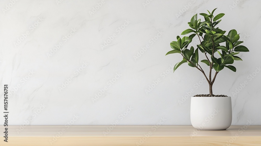 Minimalist plant in white pot on wooden shelf against marble wall. Minimalist plant in white pot on wooden shelf against marble wall.