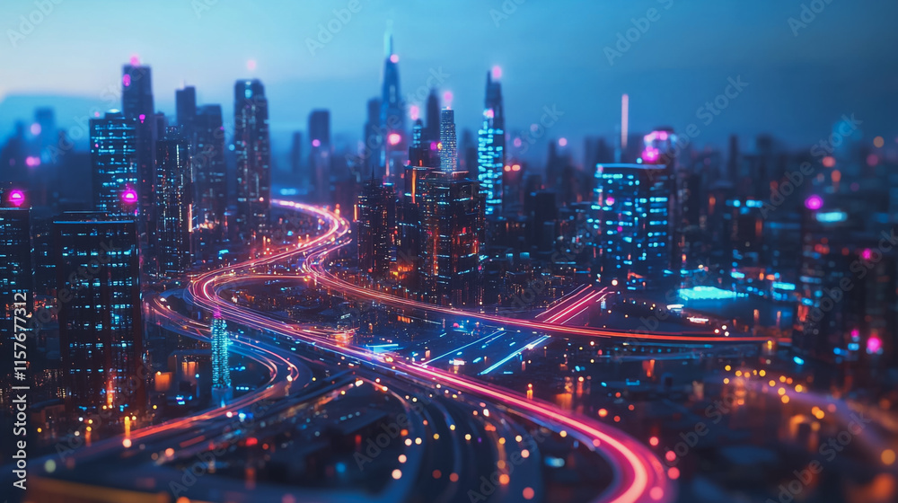 Fototapeta premium Smart digital Innovation city with connection network reciprocity over the cityscape. of future smart wireless digital city and social media networking systems that connects people with in city