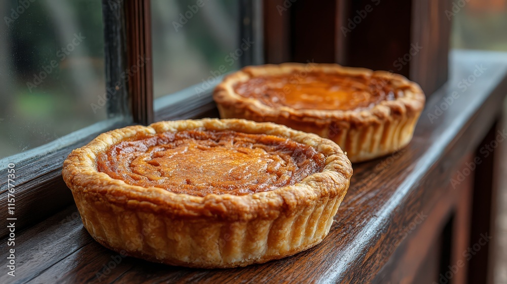 Freshly Baked Pumpkin Pies on a Wooden Windowsill with Natural Light Highlighting Their Golden Crust and Delicious Filling Freshly Baked Pumpkin Pies on a Wooden Windowsill with Natural Light Highlighting Their Golden Crust and Delicious Filling