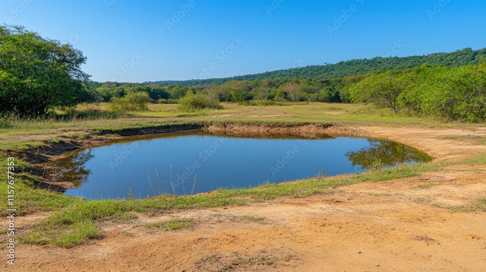 Tranquil Natural Pond Surrounded by Lush Greenery Under Clear Blue Sky Tranquil Natural Pond Surrounded by Lush Greenery Under Clear Blue Sky