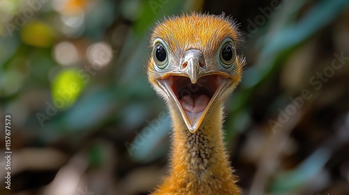 A close-up shot of a bird's beak, open and ready to eat or chirp