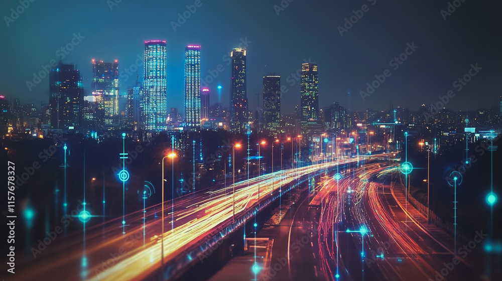 Fototapeta premium Smart digital Innovation city with connection network reciprocity over the cityscape. of future smart wireless digital city and social media networking systems that connects people with in city