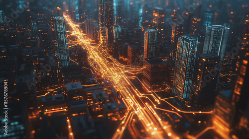 Smart digital Innovation city with connection network reciprocity over the cityscape. of future smart wireless digital city and social media networking systems that connects people with in city