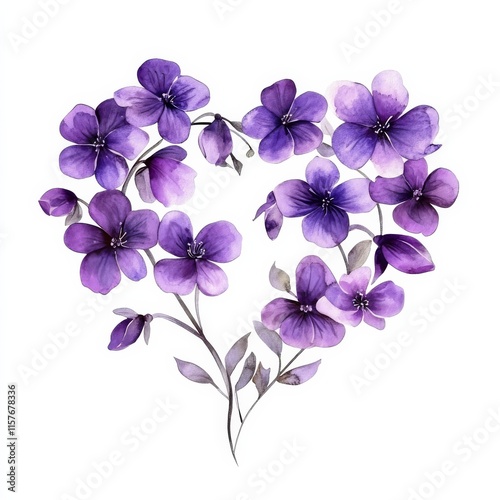 Watercolor Purple Flowers in Shape of Heart Isolated on White Background 
