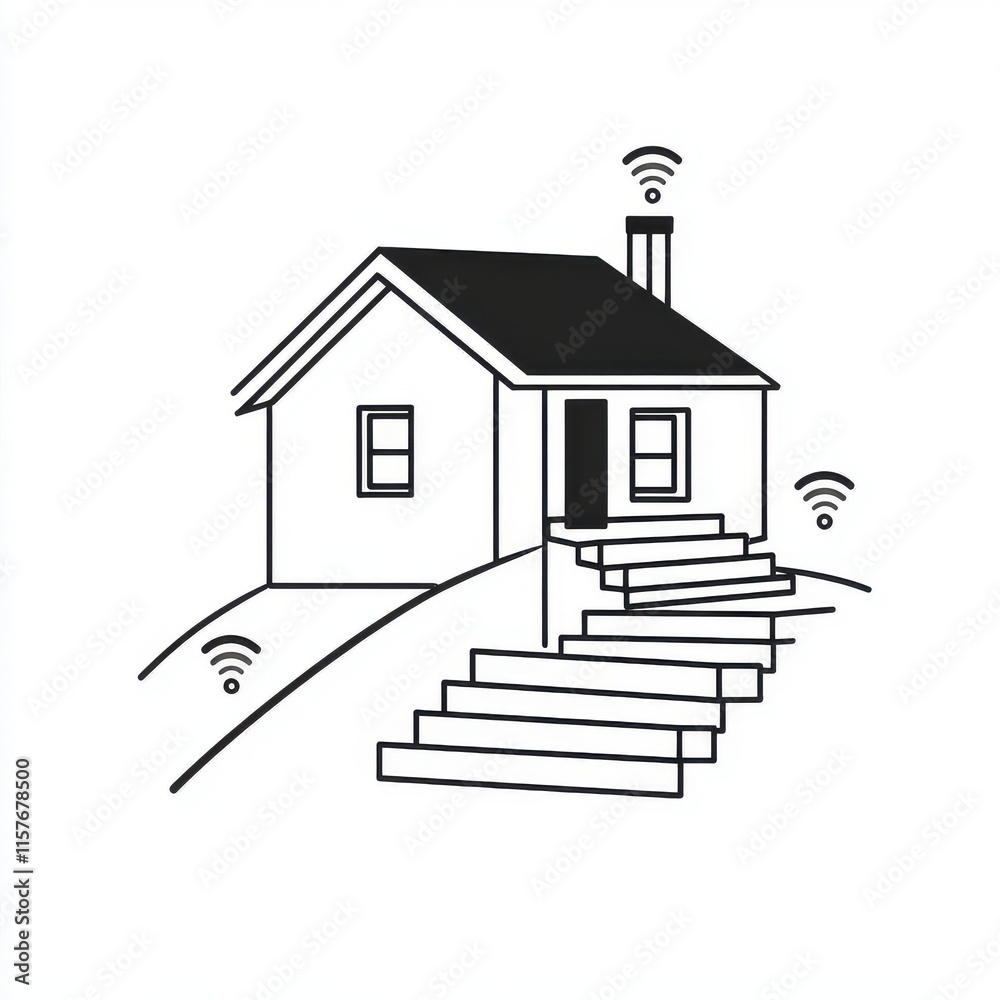 A simple black and white illustration of a house with Wi-Fi signals emanating from it. A simple black and white illustration of a house with Wi-Fi signals emanating from it.