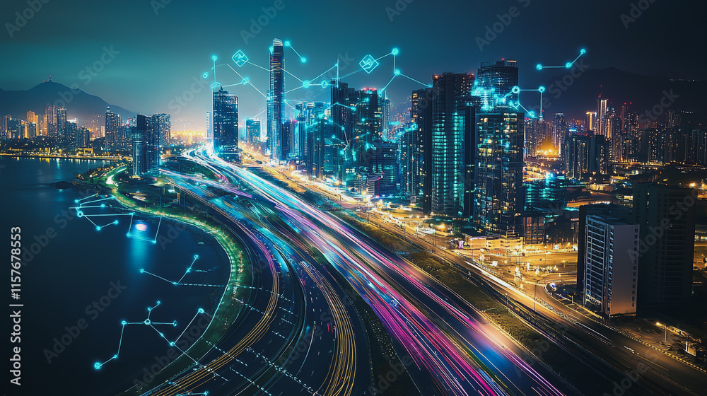Obraz premium Smart digital Innovation city with connection network reciprocity over the cityscape. of future smart wireless digital city and social media networking systems that connects people with in city
