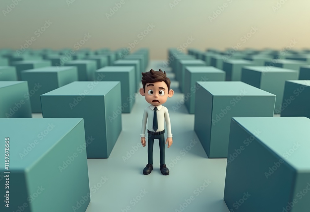 A cartoon man stands in a maze of blue boxes looking lost and unsure. A cartoon man stands in a maze of blue boxes looking lost and unsure.