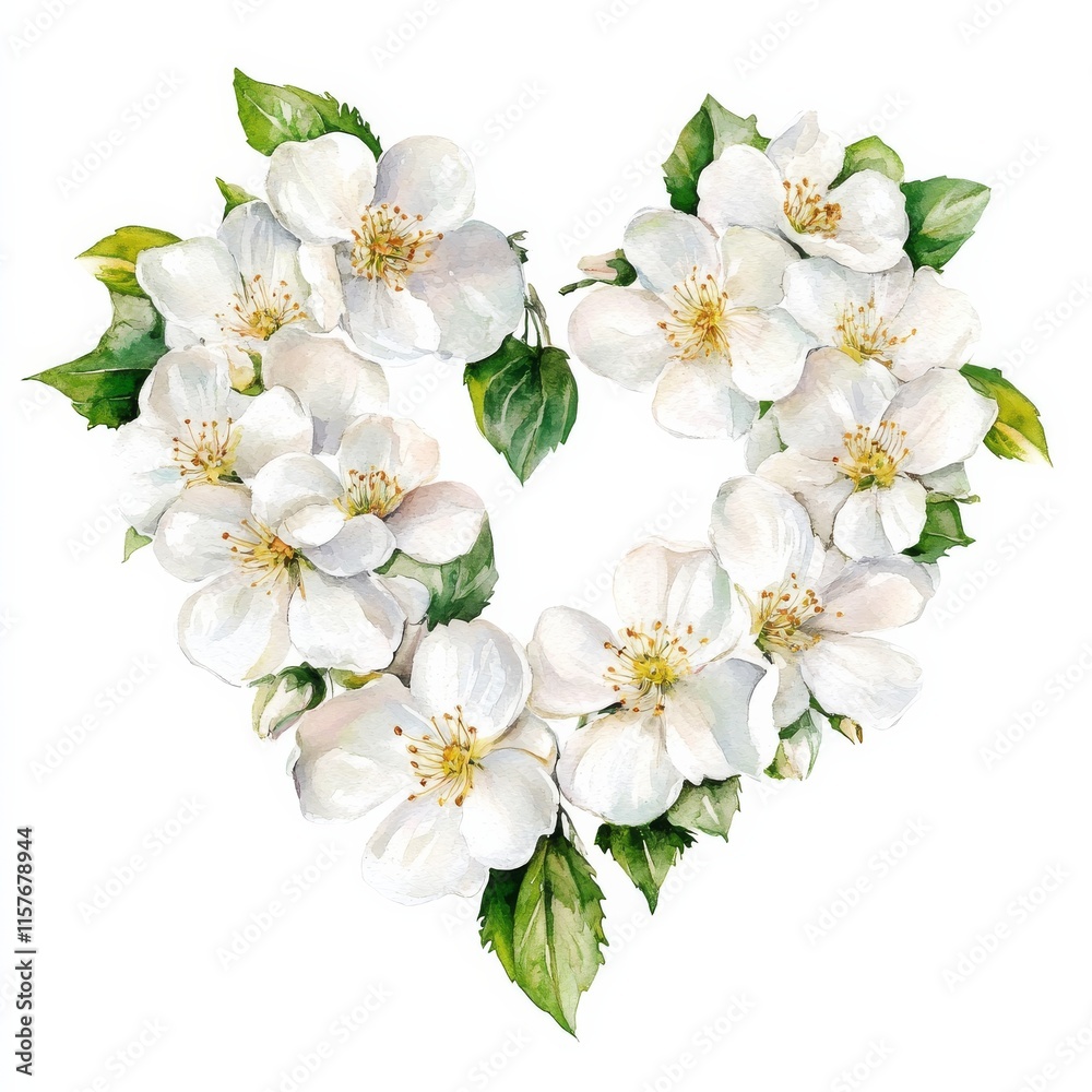 Fototapeta premium Watercolor White Flowers in Shape of Heart Isolated on White Background