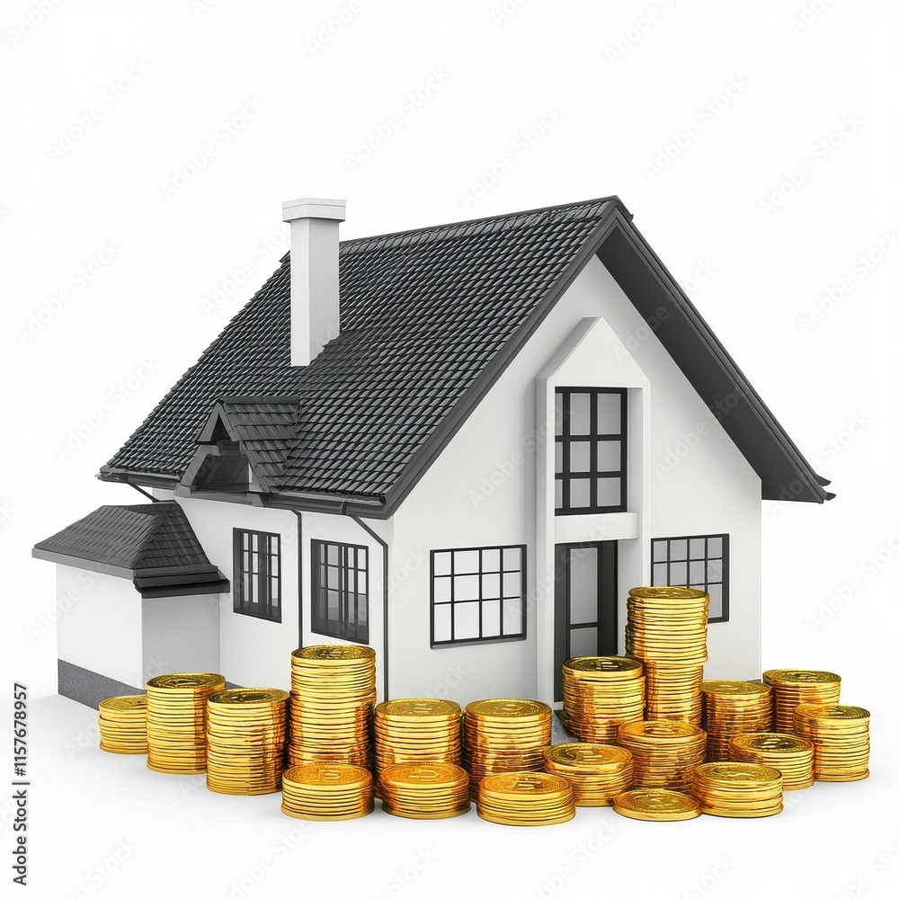 A modern house model surrounded by stacks of shiny gold coins, symbolizing real estate investment and wealth. A modern house model surrounded by stacks of shiny gold coins, symbolizing real estate investment and wealth.