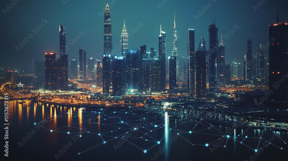 Fototapeta premium Smart digital Innovation city with connection network reciprocity over the cityscape. of future smart wireless digital city and social media networking systems that connects people with in city