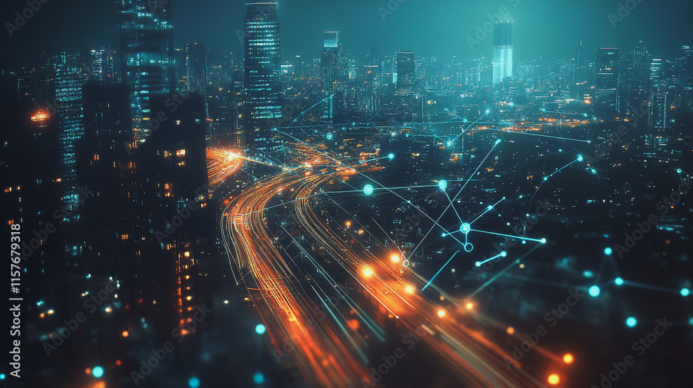 Fototapeta premium Smart digital Innovation city with connection network reciprocity over the cityscape. of future smart wireless digital city and social media networking systems that connects people with in city