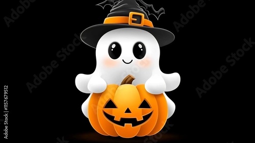 Cute Halloween Ghost Holding Smiling Pumpkin Sticker in Pastel Colors