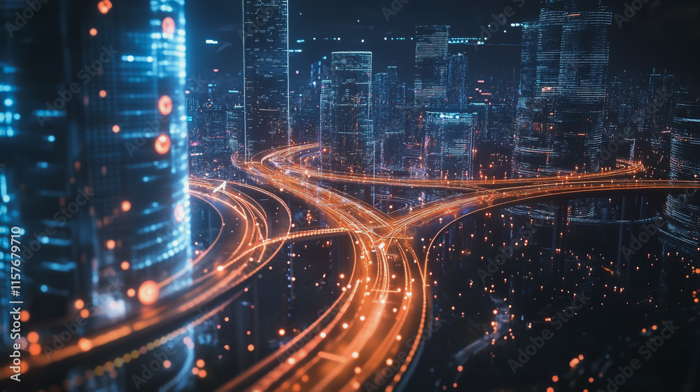 Fototapeta premium Smart digital Innovation city with connection network reciprocity over the cityscape. of future smart wireless digital city and social media networking systems that connects people with in city