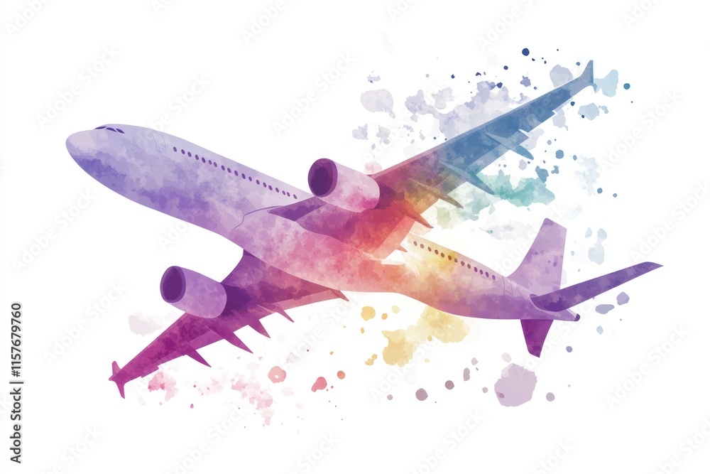 Fototapeta premium A watercolor painting of an airplane flying high in the blue sky