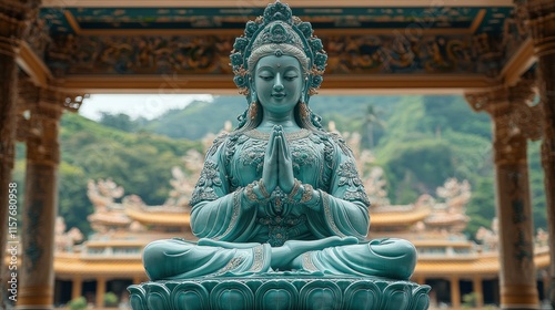 Serene teal statue of a goddess in a lotus position, nestled within a temple's ornate structure, mountains in background.