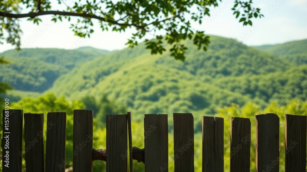 Rustic wooden fence overlooking a serene landscape of rolling green hills and lush vegetation under a bright sky Rustic wooden fence overlooking a serene landscape of rolling green hills and lush vegetation under a bright sky