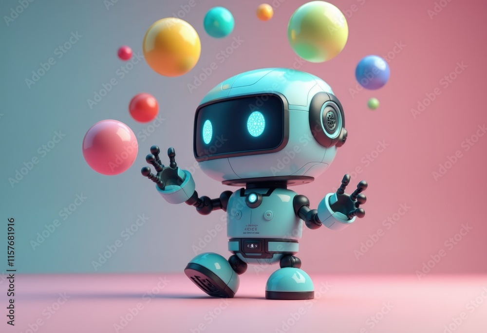 A blue robot with glowing eyes juggles colorful balls in a pink and blue background. A blue robot with glowing eyes juggles colorful balls in a pink and blue background.