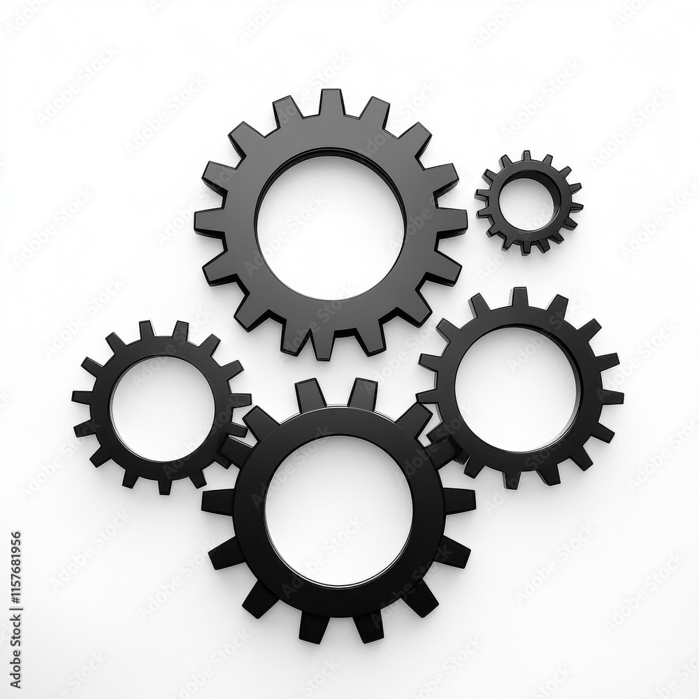 Black gears of various sizes arranged artistically on a white background, symbolizing teamwork and engineering. Black gears of various sizes arranged artistically on a white background, symbolizing teamwork and engineering.