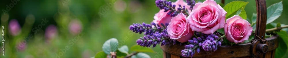 Fototapeta premium Fresh lavender and roses in a rustic wooden basket, with lush greenery and natural textures , country, basket, lavender