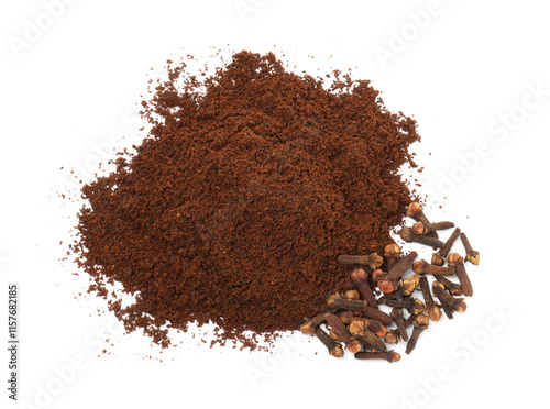 Wallpaper Mural Pile of clove powder and dried buds on white background, top view. Aromatic spice Torontodigital.ca