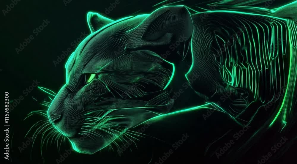 Green cat with glowing eyes is the main focus of the image. The cat's eyes are bright and seem to be staring at the viewer, creating a sense of mystery and intrigue. Scene is one of curiosity