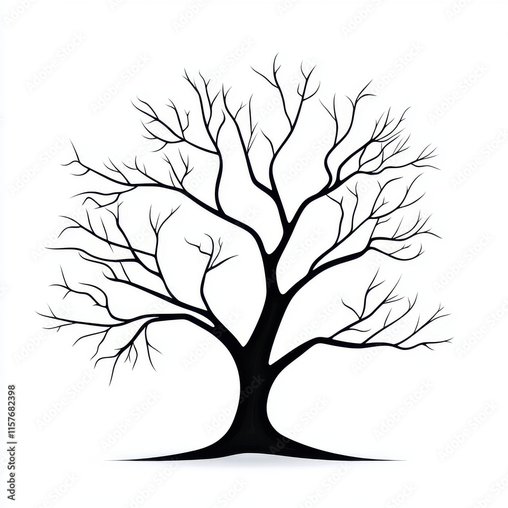 Artistic silhouette of a barren tree with intricate branch pattern on a white background. Artistic silhouette of a barren tree with intricate branch pattern on a white background.